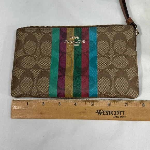 Nwt Coach Signature Large Corner Zip Stripe Wristlet Wallet Canvas Bag monogram - Picture 5 of 7
